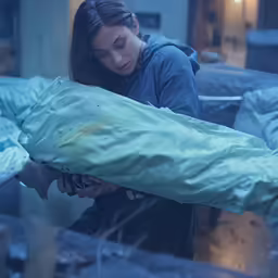 a woman in a hospital gown standing over a bed