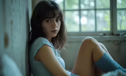 a woman is posing in front of an open window