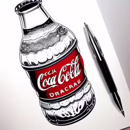 a sketched illustration of an old fashioned coca - cola bottle,a watercolor drawing of a bottle of coke
