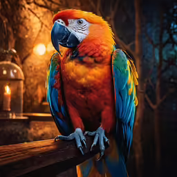 a colorful parrot perched on the rail of a bridge
