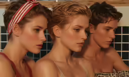 three models in bathing suits and headbands stand together