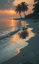 a sunset view down a deserted beach with palm trees