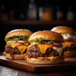 cheeseburger sandwiches on a wood serving board