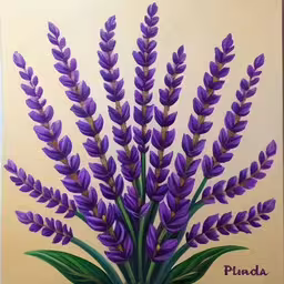 a painting of purple flowers in a vase