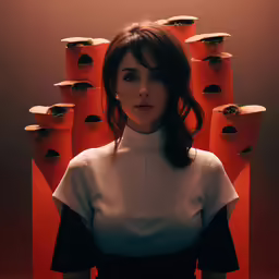 the woman is posing in front of a giant display of vases