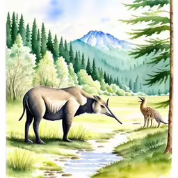 an illustration of an antelope by the river,an antelope and deer standing in the middle of the woods