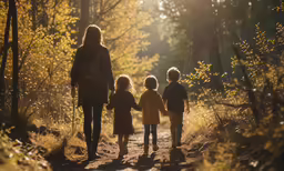 a woman walks down a dirt path with two children
