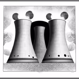 a black and white picture of two nuclear towers