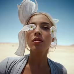 a girl with flowers in her hair and a white scarf around her neck