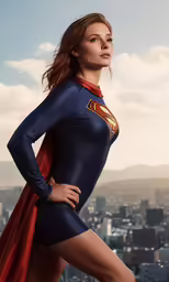 a woman in a sexy and supergirl outfit standing on the roof