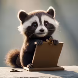 a small racoon sitting next to an easel and a clip board