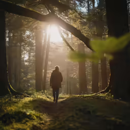 a person walking in a pine forest at sunrise