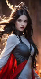 a woman with a red cape and feather