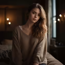 a pretty young lady sitting on a bed next to a window