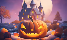 a halloween pumpkin is glowing in front of a house