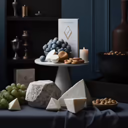 the table has grapes, cheese and crackers