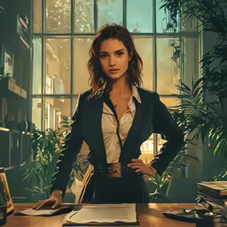 a girl sitting at a desk in front of a big window
