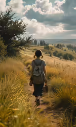 a woman walking through tall grass and trees