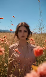 a woman standing in a field of flowers