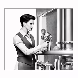 a black and white photograph of a woman with her hand on the handle of a faucet