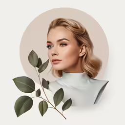 a blonde woman with bangs and bangs on her head looking into the distance with leaves coming out of her face