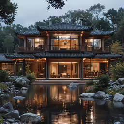 a large, elegant building sits next to a pond at dusk