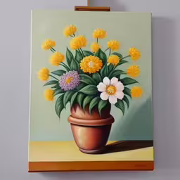 a painting hanging from a frame with a vase filled with flowers,the painting on the wall has a green background