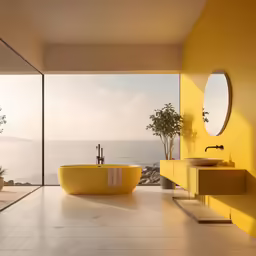 a bathroom with a view out onto the water