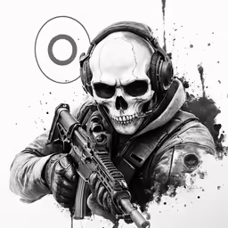 a skull wearing headphones, a gun and a headset is shown in the shape of an image