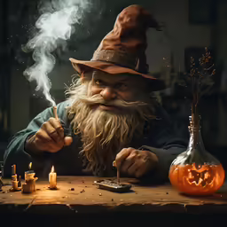 an wizard with long beard sitting at a table in front of a lit candle