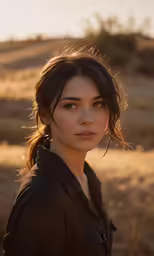 a woman looking into the camera in the desert