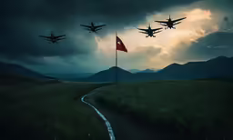 three airplanes fly in formation above an country road