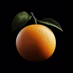 an orange with leaf in a dark background