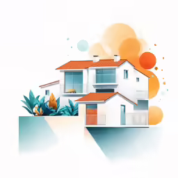 an illustration of two houses on the water side