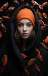 a beautiful woman with a hood covered in leaves