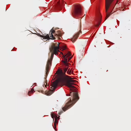 a woman in red is dunking around a ball