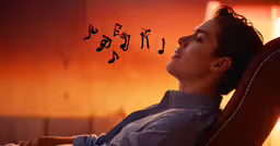 a woman in purple sitting down while listening to music notes,the woman is sitting in the red chair with notes floating off of her face