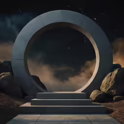 an artwork of a stone round on a platform with sky in the background