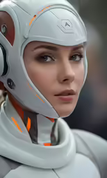 a woman with a white and grey helmet
