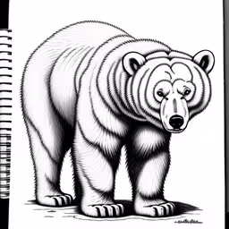 a bear is shown in black and white,a bear with one eye closed and standing in front of the camera,the drawing of a bear is displayed in front of a black and white photo,black and white drawing of a bear with a black nose,drawing animals using lines a hand drawn image of a large brown bear in black and white
