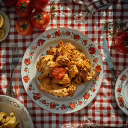 a plate of pasta with tomato, a knife and a fork on a table