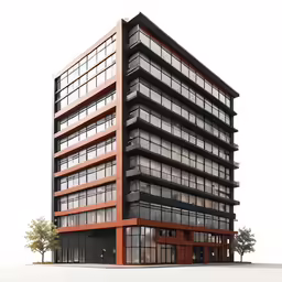 a red and black office building is shown
