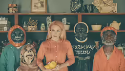a woman is standing with some puppets in the background