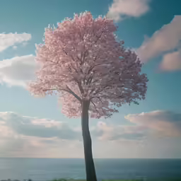 a lone tree sitting on the shore of a body of water