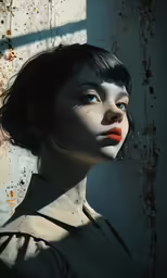 a girl with black hair is standing in front of a rusty wall