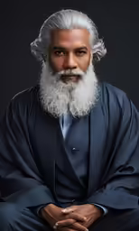 a man with a grey hair and beard and wearing a blue robe