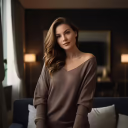 woman in brown top posing on couch in a hotel room