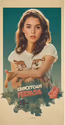 a woman in a white shirt and deer horns holding two hands