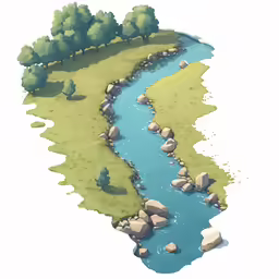 a river with some trees on one side and a field with lots of rocks in the middle