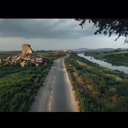 an empty country road surrounded by tall grass
